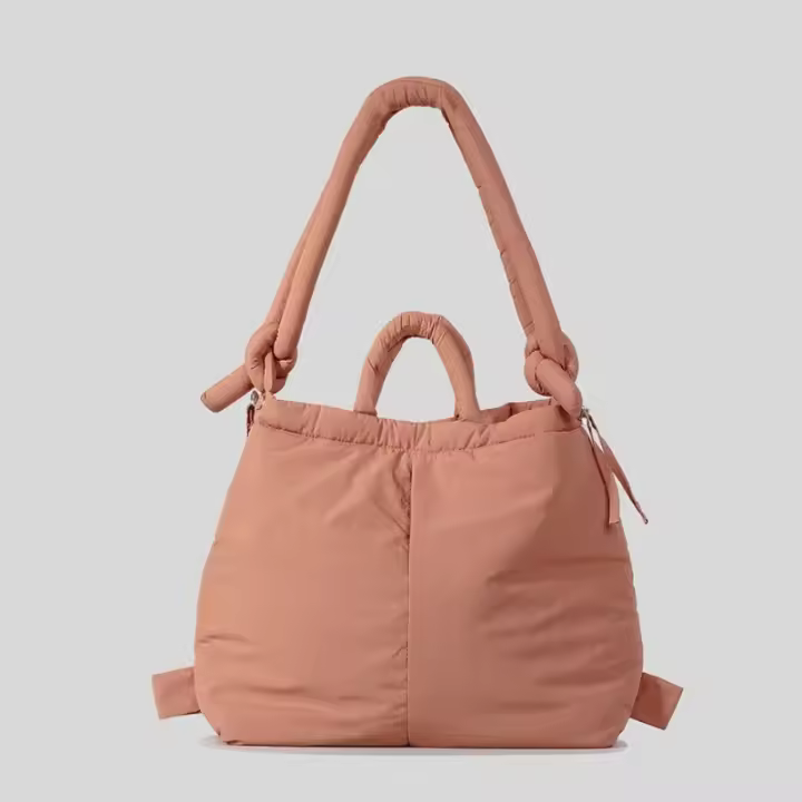 Bolso de hombro acolchado para mujer, mochila informal de nailon suave, bolso simple de gran capacidad con cordón - 1