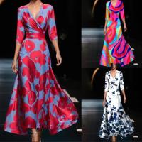 Vestido Maxi Bohemio Vintage Para Mujer Elegante Y Sexy Con Estampado Floral A-Line Manga Corta Cintura Ajustada Fiesta - details 0