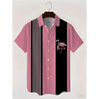 Camisa de Bolos de Flamenco para Hombres Manga Corta, Botones, Estilo Deportivo Hawaiiano, Bolsillos de Verano, Color Rosa - details 3