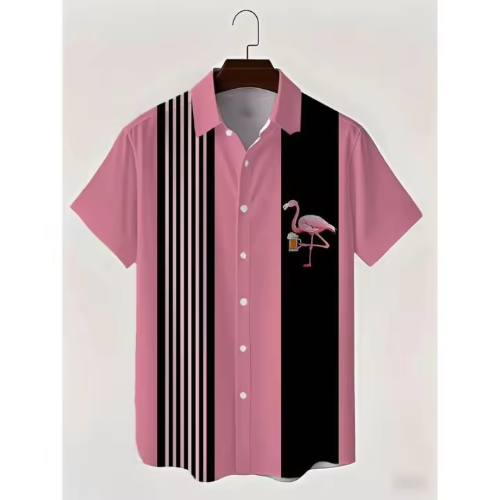 Camisa de Bolos de Flamenco para Hombres Manga Corta, Botones, Estilo Deportivo Hawaiiano, Bolsillos de Verano, Color Rosa - 1