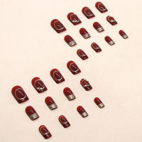 Uñas de Año Nuevo para mujer, uñas postizas cuadradas largas, decoración DIY, puntas francesas, vino tinto - details 1