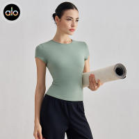 Alo yoga manga corta sensación desnuda casual deporte manga corta cierre cintura slim transpirable yoga camiseta top de entrenamiento - details 2