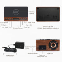 Reloj De Alarma De Madera ANJANK Con Estación De Carga Inalámbrica Para iPhone/Samsung 5 Niveles De Dimmer Carga USB 9 Sonidos De Alarma FM Radio - details 2