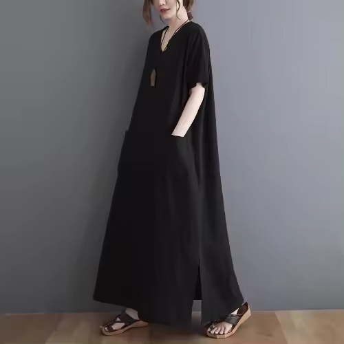 Elegante Vestido de Algodón Lino de Verano Corte A-Línea Largo con Cuello en V - 1