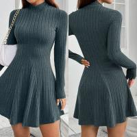 Vestidos de mujer otoño-invierno Color sólido, manga larga, cuello alto, cintura alta, doble abertura, estilo casual - details 2