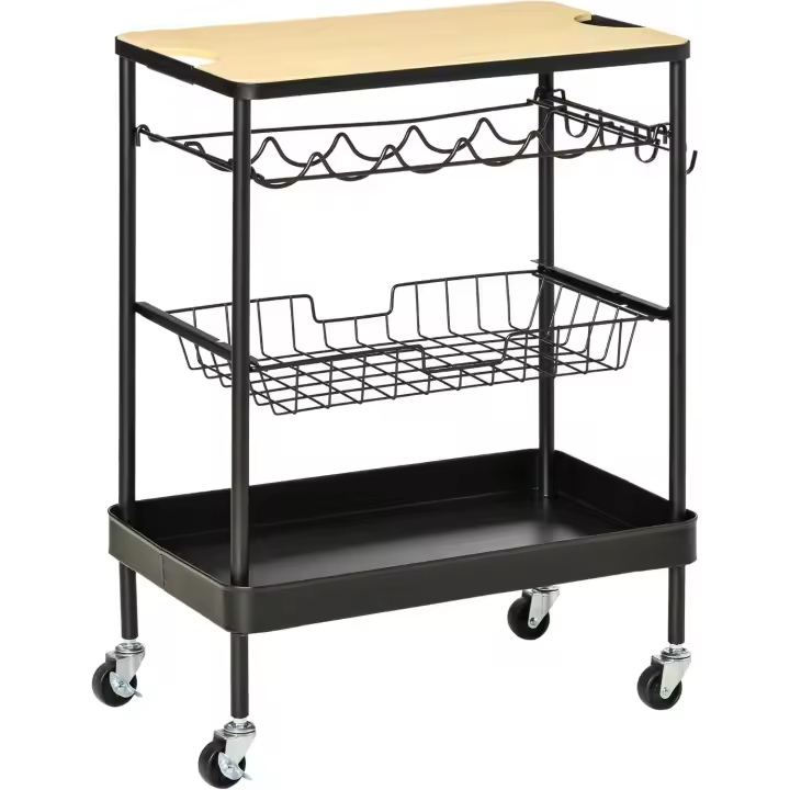 Cocina de Ruedas Servicio Multiuso Botellero Cesta Extraíble 60,5x35,5x75 cm Negro y Roble - 1