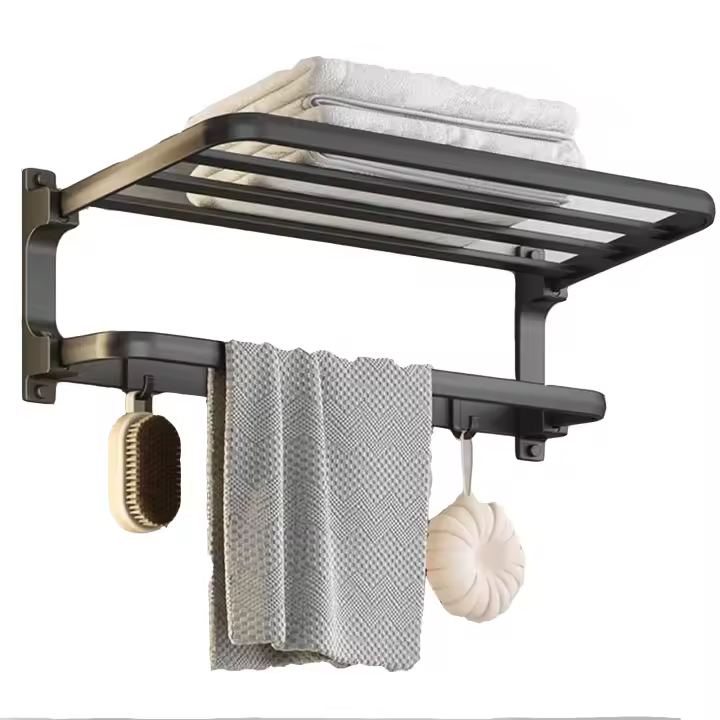 Toallero negro montado en la pared, impermeable, plegable, sin taladro y montaje de tornillo - 1