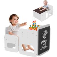 Conjunto de Mesa y Silla Montessori para Niños 2 en 1, de Madera Ajustable con Pizarra, Ideal para Actividades y Dibujo, Blanco - details 0