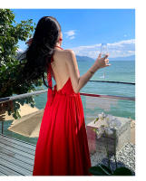 Vestido de vacaciones halter rojo vestido de playa dividido ropa de foto junto al mar falda con tirantes de cuello de hada súper - details 16