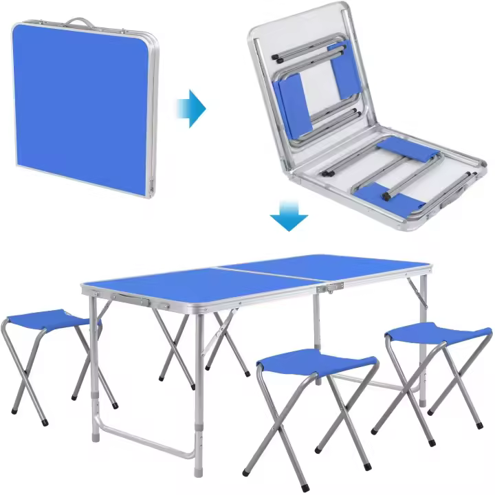 Mesa plegable, juego de 5 uds., mesa de Camping de aluminio de 120cm plegable con 4 taburetes, muebles de exterior, mesa de Picnic y silla portátil - 1