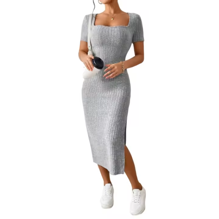 Vestido midi de punto con cuello cuadrado, sin mangas, con abertura y mangas cortas, versátil para todas las estaciones, vestido de mujer. - 1