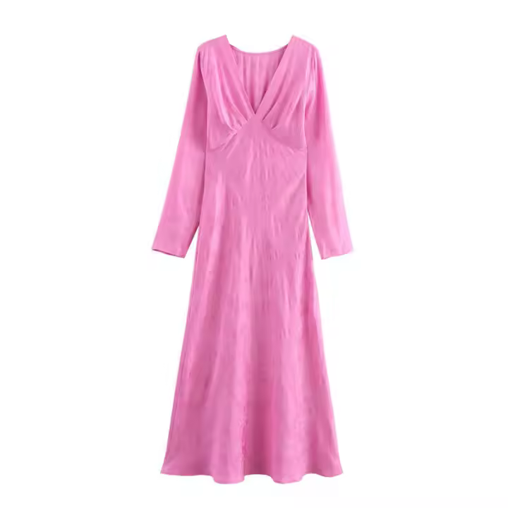 Elegante satén casual para mujer, cuello en V liso, sin mangas, vestido largo recto, moda primavera verano 2025 - 1