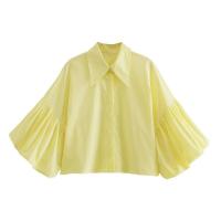 OUWU- Camisa Holgada A Rayas Con Manga De Burbuja Para Mujer, Gran Oferta De Temporada, Nuevo Estilo, Informal, Cuello Tipo Polo, Manga Corta, Top De Moda - details 12