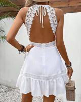 Moda corta elegante con cuello blanco para mujer, color sólido, ENE, empalme hueco, corte en A, mini vestido colgante, nuevo producto - details 4