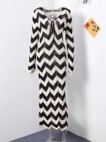 Vestidos de punto a rayas para mujer, vestido Maxi de playa con cordones de manga larga para mujer, batas ajustadas de punto con cuello cuadrado calado - details 16