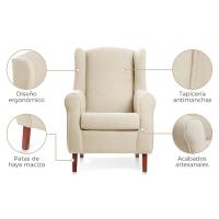 Sillón orejero con detalles y explicaciones, todo ello sobre un fondo blanco.