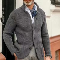 Cárdigan de punto grueso para hombre, suéter de lana, chaqueta de punto con cuello levantado de manga larga ajustada de color sólido para otoño e invierno - details 6