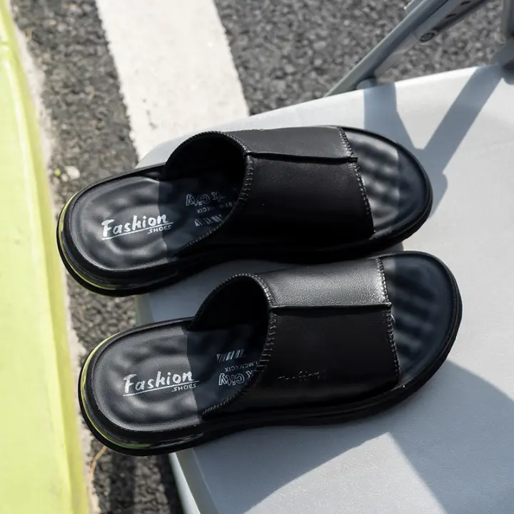 La primera capa de cuero de vaca de una palabra de arrastre de los hombres de verano nueva tendencia casual fondo suave cojín de aire desgaste exterior sandalias de cuero - 1