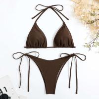 Bikini de mujer marrón sexy, camisola roja lisa, lazo lateral de sujetador reforzado, traje de baño triangular, cordones de verano, 2025 - details 8
