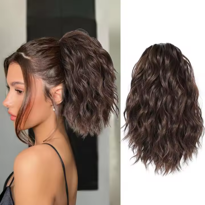 Extensión de cola de caballo con cordón sintético, ondulado, rizado, ombré, ondulación de agua, cola de caballo falsa, piezas de pelo corto Natural de 12 pulgadas, diario - 1