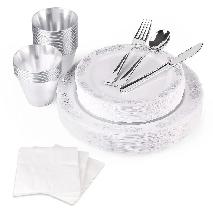 Juego de vajilla blanca plateada de 175 piezas para 25 invitados, vajilla desechable, cubiertos de plástico, 5 juegos - 1