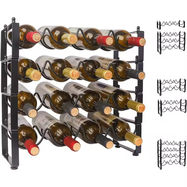 Estante de Vino de 4 Niveles Organizador de 16 Botellas para Sótano, Encimera, Metal Negro - 1