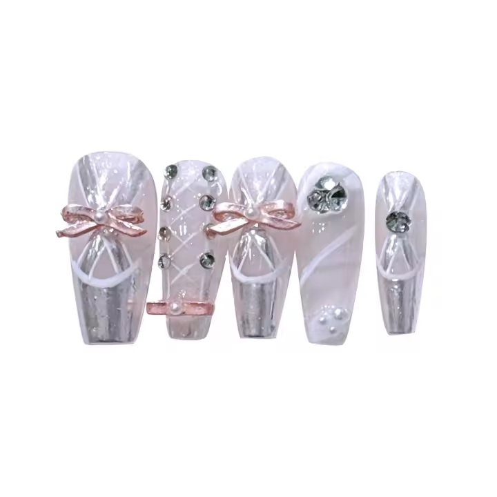 Uñas postizas de manicura de Ballet con cinta de satén, puntas de uñas cuadradas largas, decoración de uñas para mujer - 1