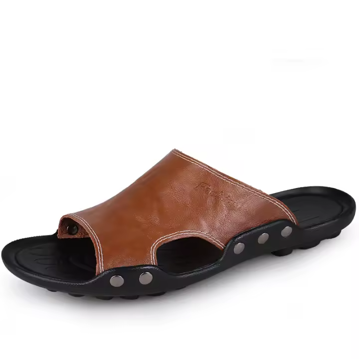 Sandalias de cuero para hombres Zapatillas de playa de verano Sandalias genuinas Zapatillas planas transpirables huecas Zapatillas casuales - 1