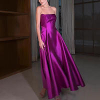 Vestido largo de fiesta elegante sin mangas de satén con volantes - details 2