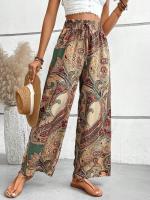 Pantalones largos sueltos informales con cintura elástica de estilo étnico con estampado digital para mujer - details 2