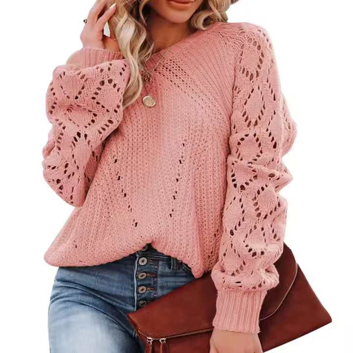 Suéter holgado con patrón hueco y cuello redondo para mujer, otoño e invierno - 1
