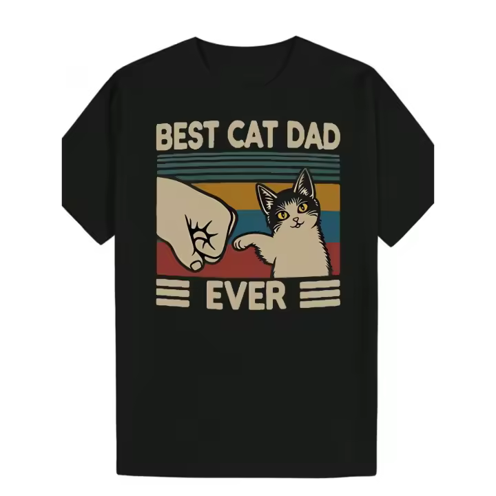 Camiseta negra informal para hombre, 100% poliéster, gráfico vintage de papá gato, cuello redondo, ligero estiramiento, tejido de punto de verano, patrón animal, ajuste regular, estilo anime Y2K de humor negro, regalo para amantes de los gatos - 1