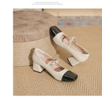 Zapatos Mary Jane de tacón alto de 5 cm, color negro y blanco a juego, punta cuadrada, de cuero francés. - details 21
