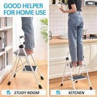 Escalera Plegable 4 Peldaños, Escalera de Tijera con Pedales Antideslizantes Anchos, Barandilla, Escalón Taburete de Acero Portátil Uso Hogar Cocina Oficina, Carga hasta 150 kg, Blanco - details 11