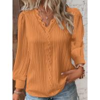 Blusa Informal De Manga Larga Con Cuello En V Para Mujer, Camisa De Retazos De Encaje, Color Sólido, Para Oficina, Primavera - details 4