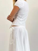 Camisa informal de verano de Color sólido para mujer, manga corta, cuello en V profundo, cinta Ence, Tops cortos dulces de fiesta con botones - details 4