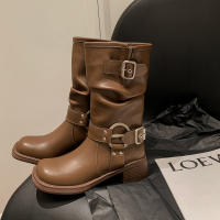 Botas de vaquero occidentales de cuero suave europeo y americano, botas de pila con hebilla de cinturón, botas medias, botas de caballero femenino, botas martin, botas femeninas - details 27