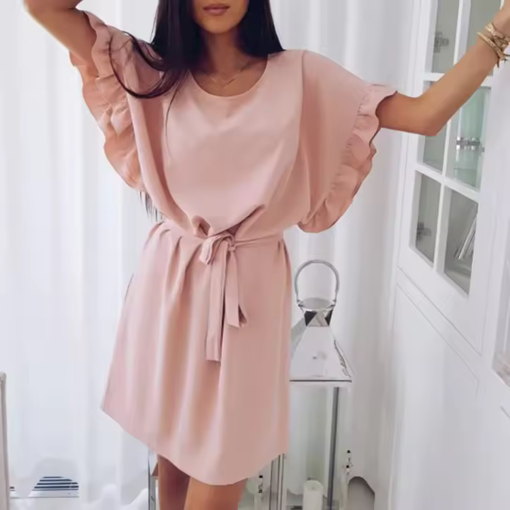 Vestido de poliéster de manga corta para mujer, jersey de cuello redondo, suelto, fajas, sólido, moda de oficina, Verano - 1