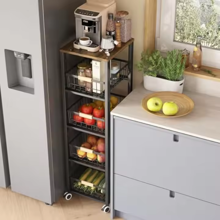 Carrito Cocina,Verdulero Cocina,Carro de 5 Niveles con de Cesta Ruedas bloqueables (Negro) - 1