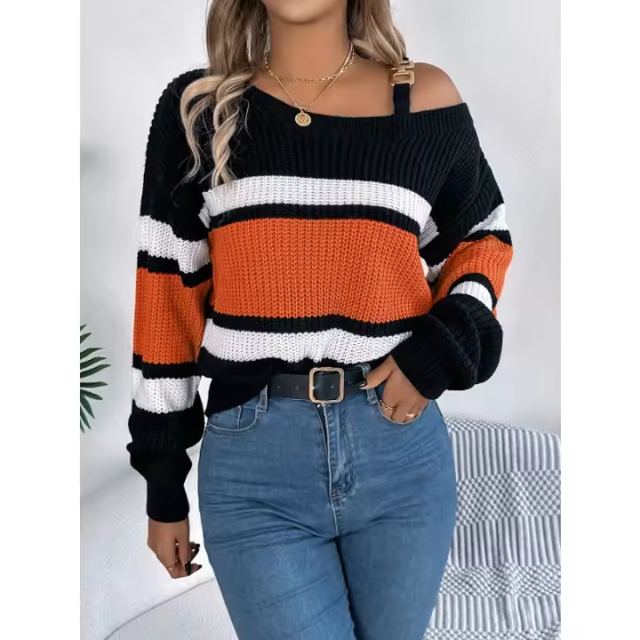 Otoño e invierno casual contraste rayas tailcoat gemelos metal hombro suéter - 1