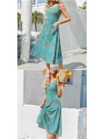 Vestido midi largo de mujer con cintura alta, liguero, chaleco, falda estampada, bolsillo, ideal para uso diario. - details 4
