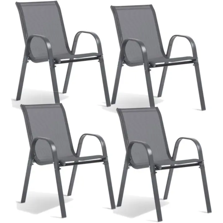 Sillas de jardín Textilene 4 unidades, tamaño 54,5x64x90 cm Reforzado con metal, color gris Antracita Sillas de terraza, apilables al aire libre - 1