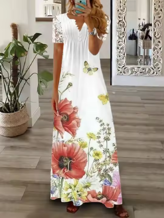 Elegante Vestido Largo con Encaje Impreso de Moda 2024 Cuello en V Alto Cintura Grande Swing Maxi para Mujeres - 1