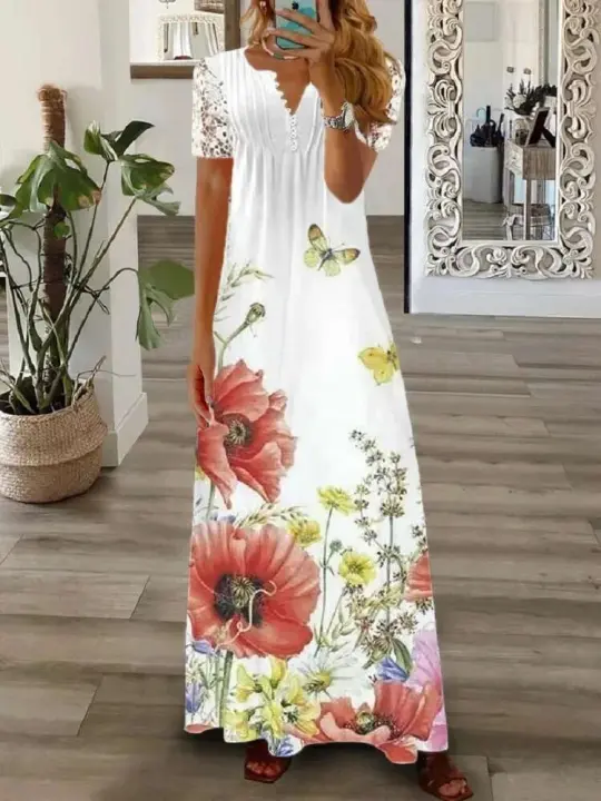 Elegante Vestido Largo con Encaje Impreso de Moda 2024 Cuello en V Alto Cintura Grande Swing Maxi para Mujeres - 1