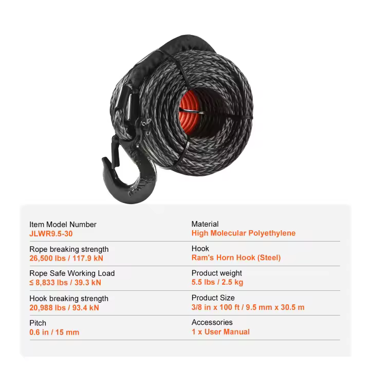 SucceBuy Cuerda sintética para cabrestante, 1/2 pulgada x 28,0 m, 32,000 lbs Cable sintético con funda protectora + gancho forjado + correa de tracción, ajuste universal para SUV, vehículo todoterreno grande, camión - 1