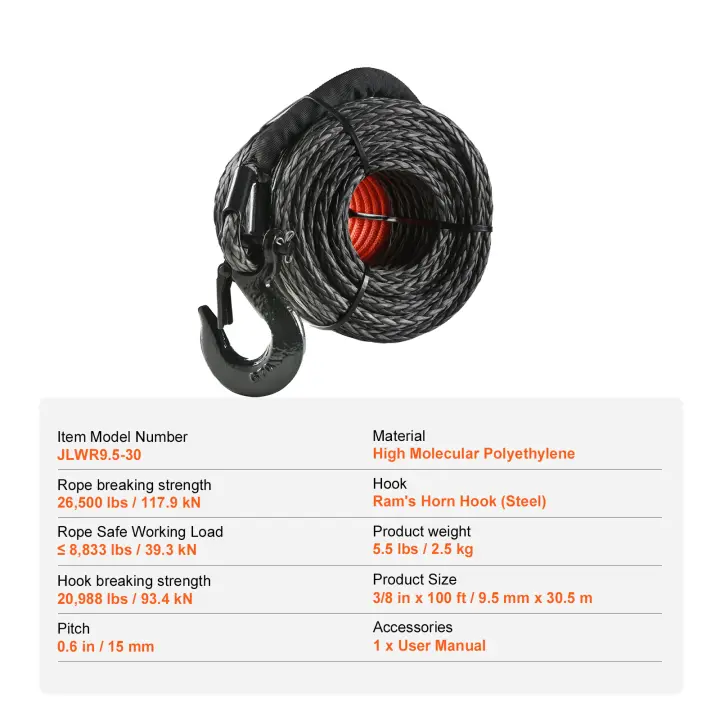 SucceBuy Cuerda sintética para cabrestante, 1/2 pulgada x 28,0 m, 32,000 lbs Cable sintético con funda protectora + gancho forjado + correa de tracción, ajuste universal para SUV, vehículo todoterreno grande, camión - 1