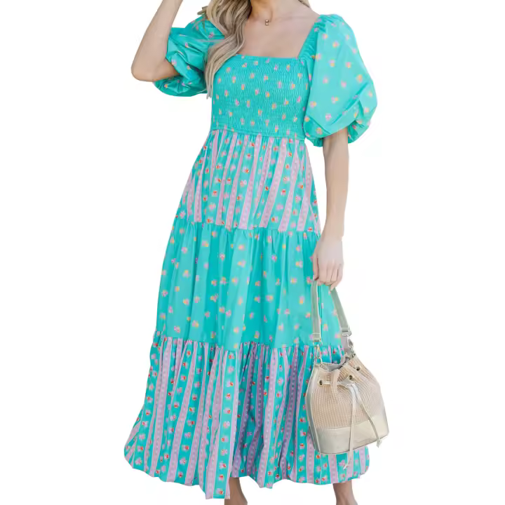 Vestido bohemio de mujer con manga abullonada, cuello cuadrado, estampado floral, vestido largo y fluido - 1