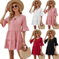 Vestido corto de verano para mujer, prenda de manga corta con cuello en V y malla de encaje, informal, holgado - details 1