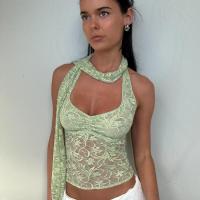 BUNO-Top corto transparente de encaje con cuello Halter para mujer, camisetas sin mangas con espalda descubierta para fiesta y calle, camisetas básicas de moda Y2K - details 4