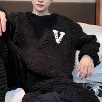 Conjunto de pijama con letras en contraste, ropa de dormir de manga larga con cuello redondo, conjunto de pijama de invierno para hombre con cuello redondo, manga larga gruesa - details 7